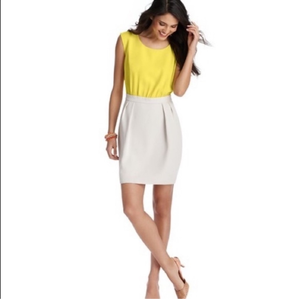 LOFT yellow colorblock dress, one & done style  offers twofer skirt & top look